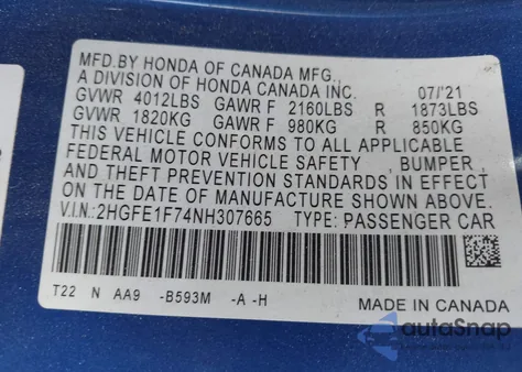2022 Honda Civic Ex из США, поврежденный, VIN 2HGFE1F74NH307665